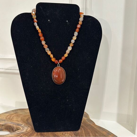 Vintage carnelian Sterling silver Orange red Beaded vintage carnelian necklace - Picture 4 of 12